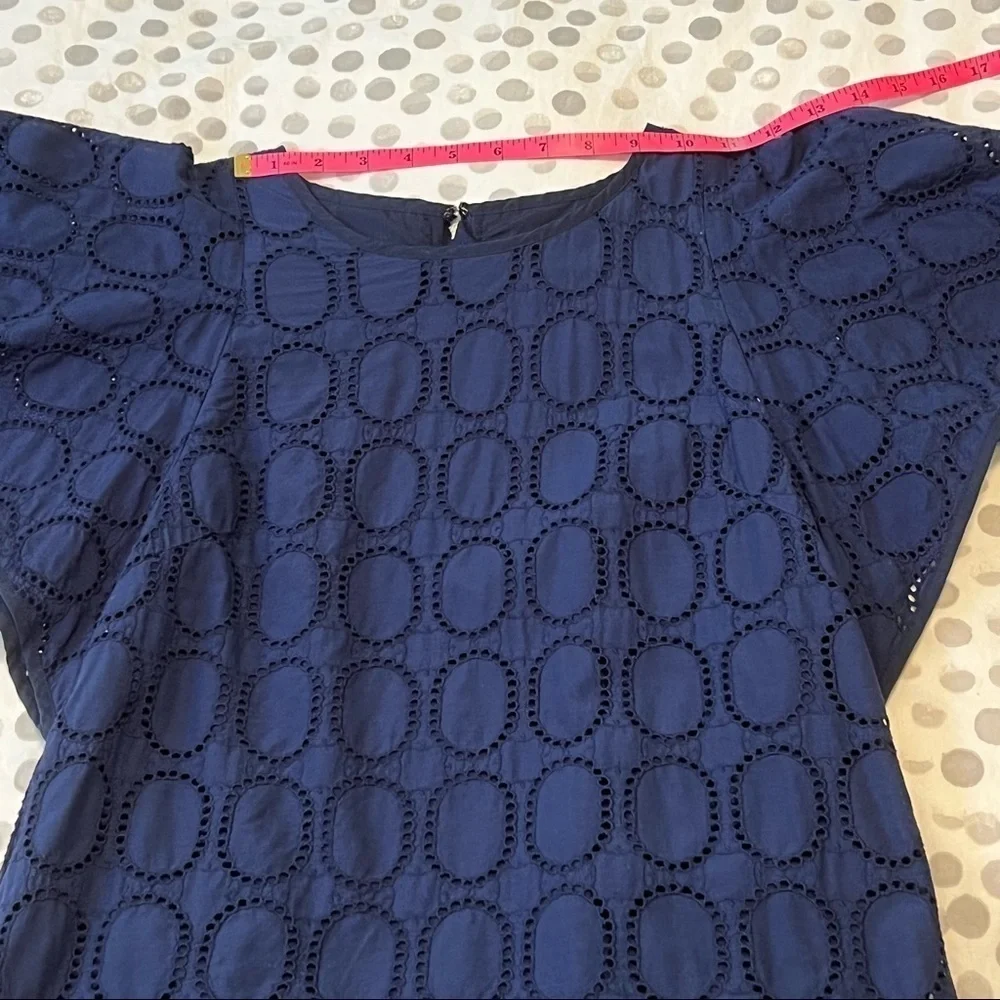 J. Crew Factory Scalloped Eyelet Navy Blue Shift Dress With Flutter Sleeve Sz 2